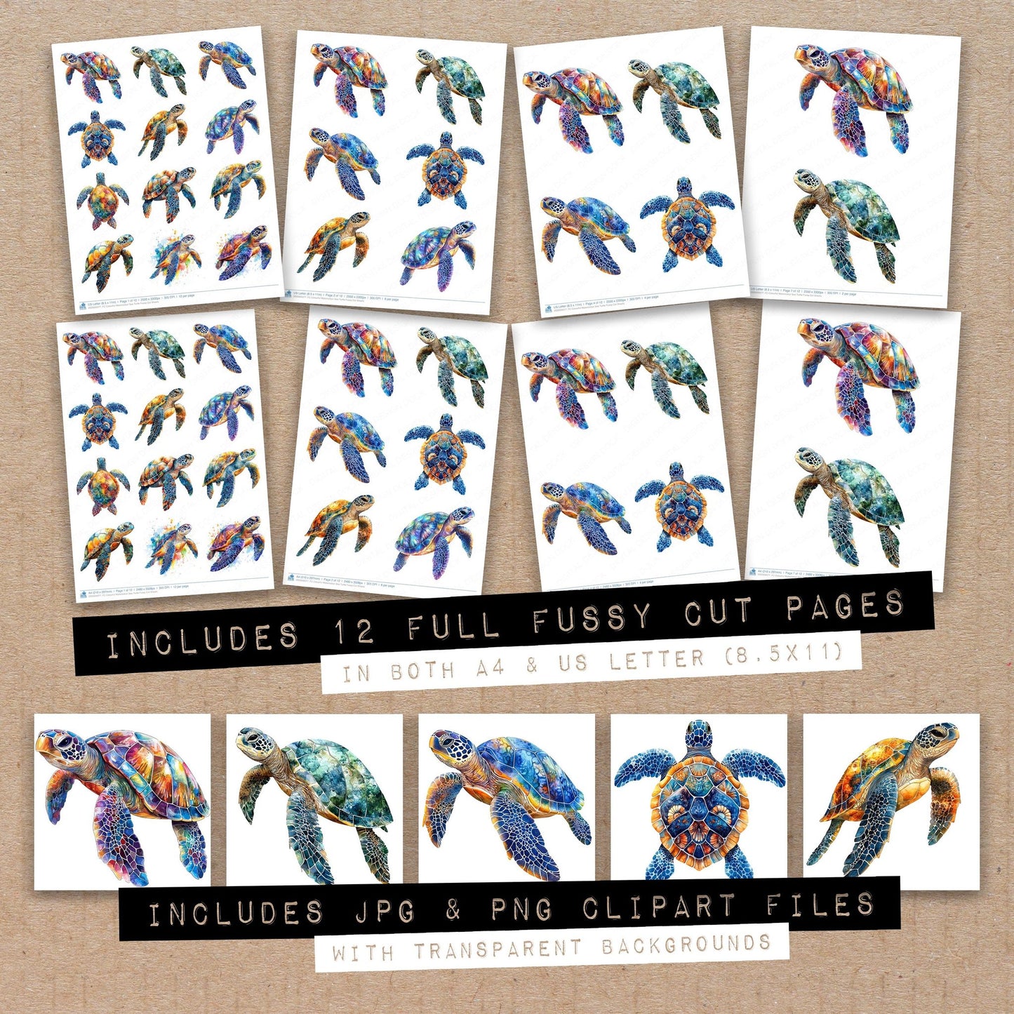 Full collection view of Colourful Watercolour Sea Turtle fussy cut sheets with bonus clipart JPG and PNG files