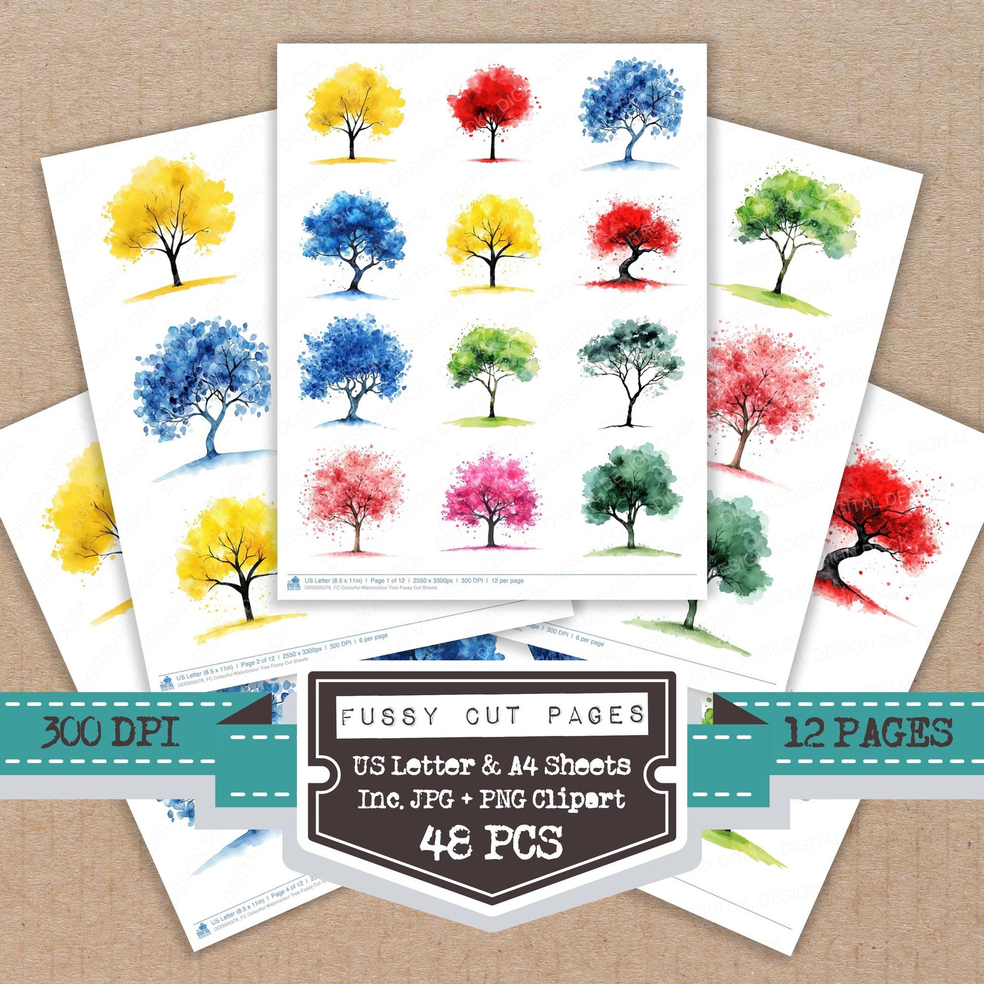 Colourful Watercolour Tree fussy cut printable sheets for junk journaling, scrapbooking, and paper craft projects