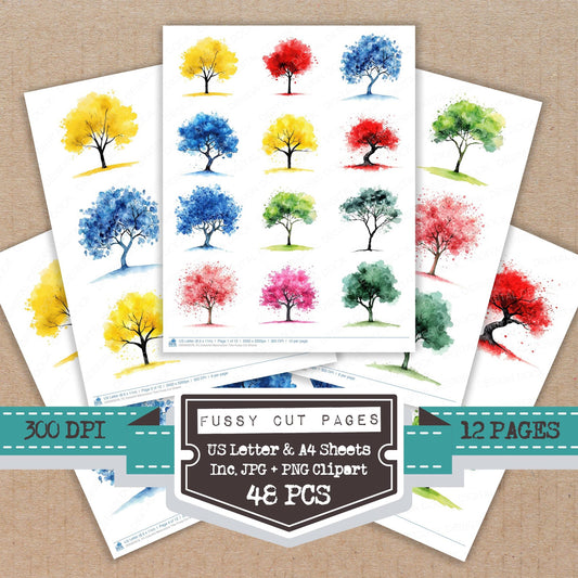 Colourful Watercolour Tree fussy cut printable sheets for junk journaling, scrapbooking, and paper craft projects