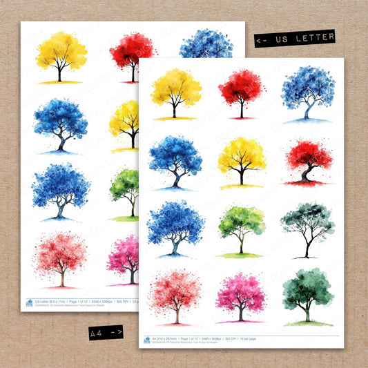 A4 and US Letter format comparison showing Colourful Watercolour Tree fussy cut pages for print and cut crafting