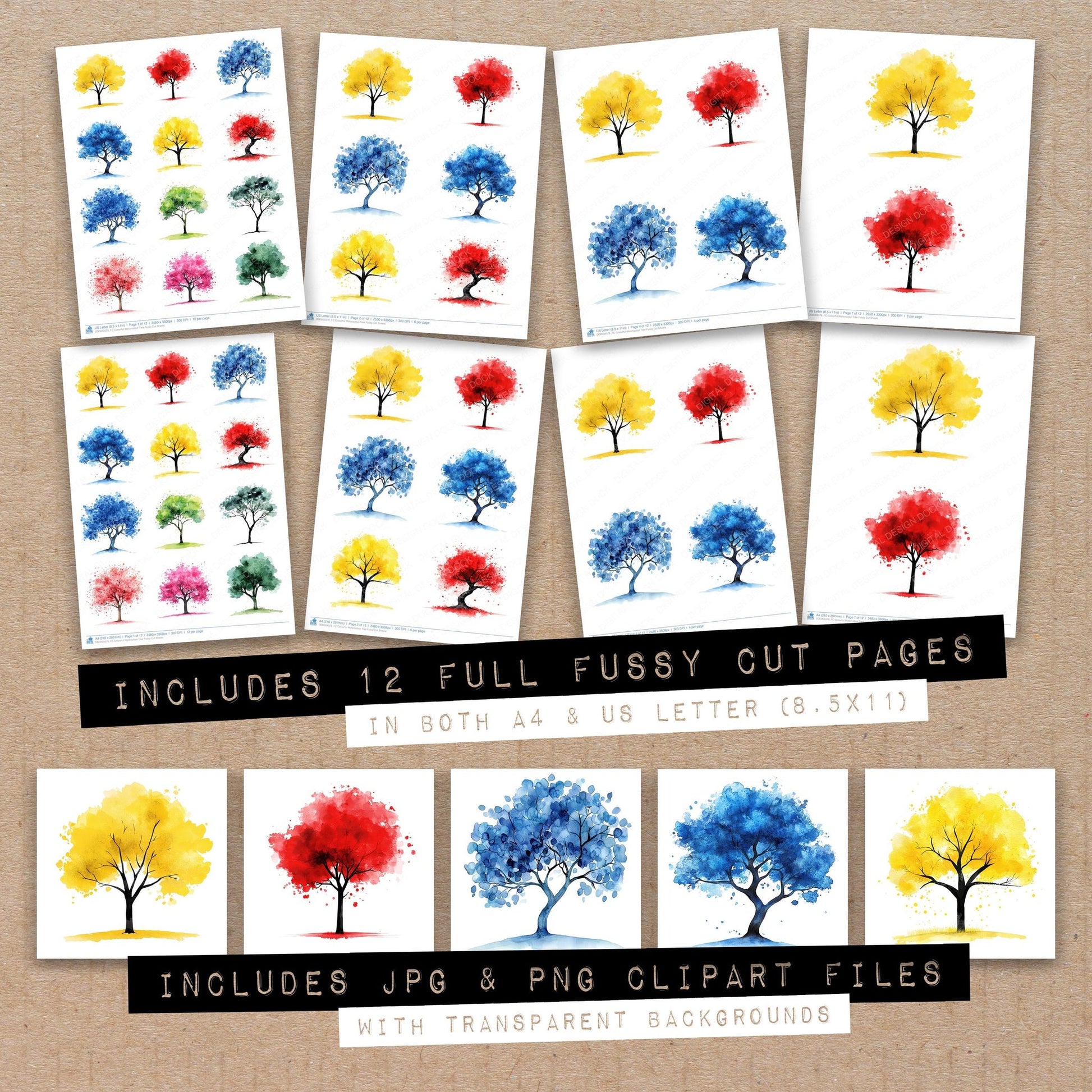 Full collection view of Colourful Watercolour Tree fussy cut sheets with bonus clipart JPG and PNG files
