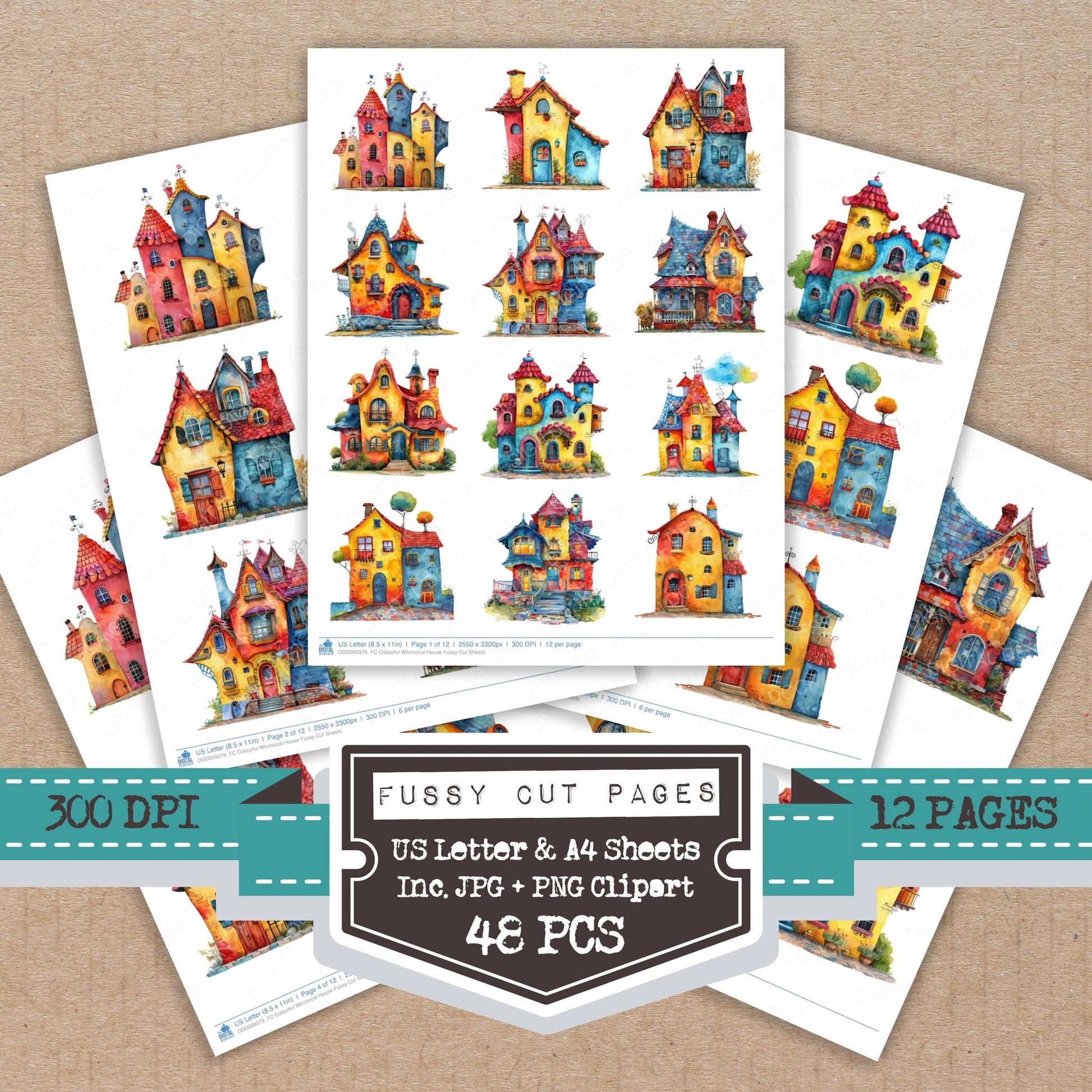 Colourful Whimsical House fussy cut printable sheets for junk journaling, scrapbooking, and paper craft projects