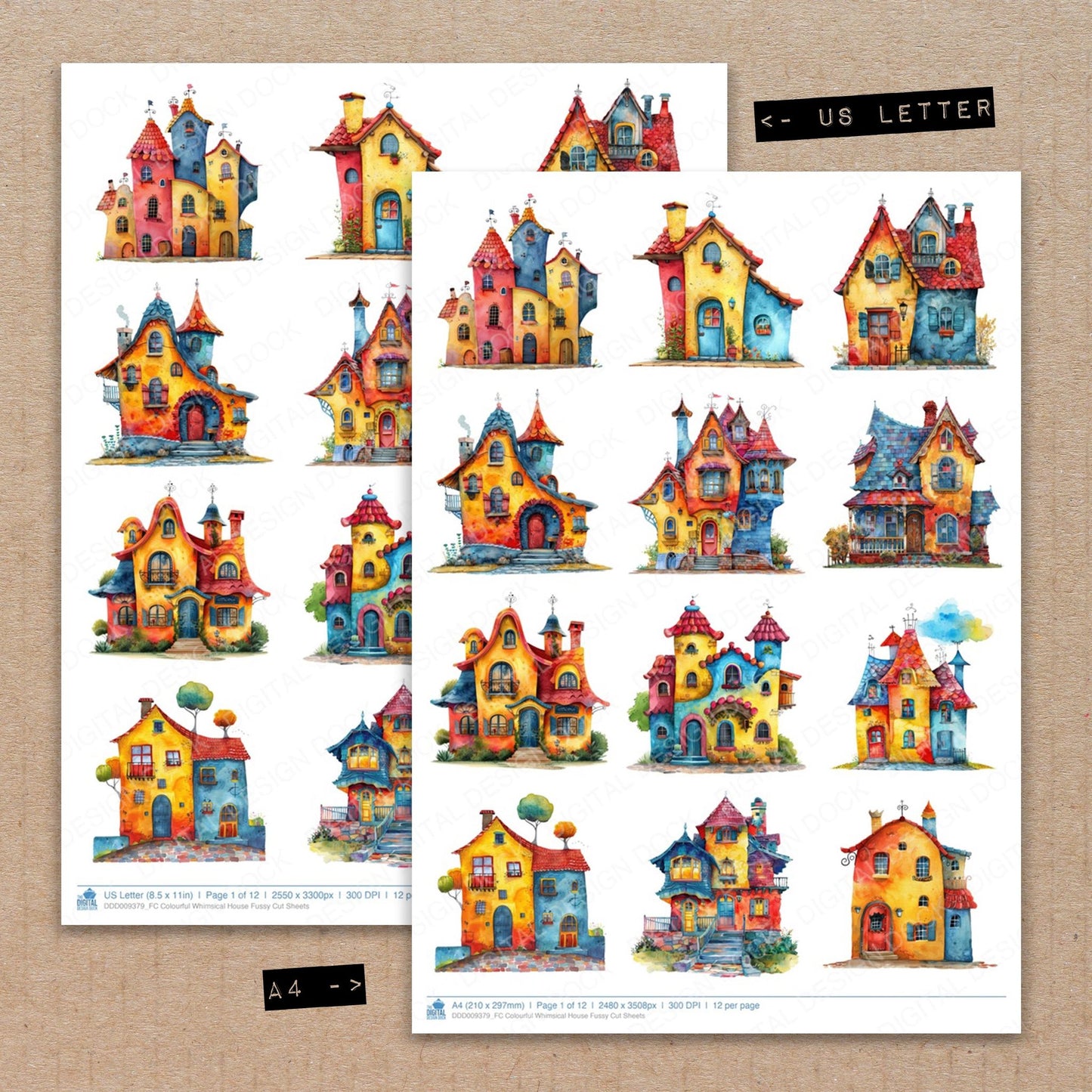 A4 and US Letter format comparison showing Colourful Whimsical House fussy cut pages for print and cut crafting