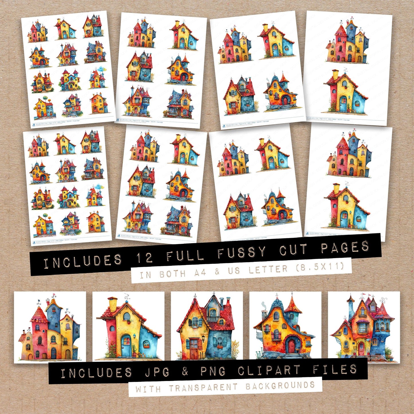 Full collection view of Colourful Whimsical House fussy cut sheets with bonus clipart JPG and PNG files