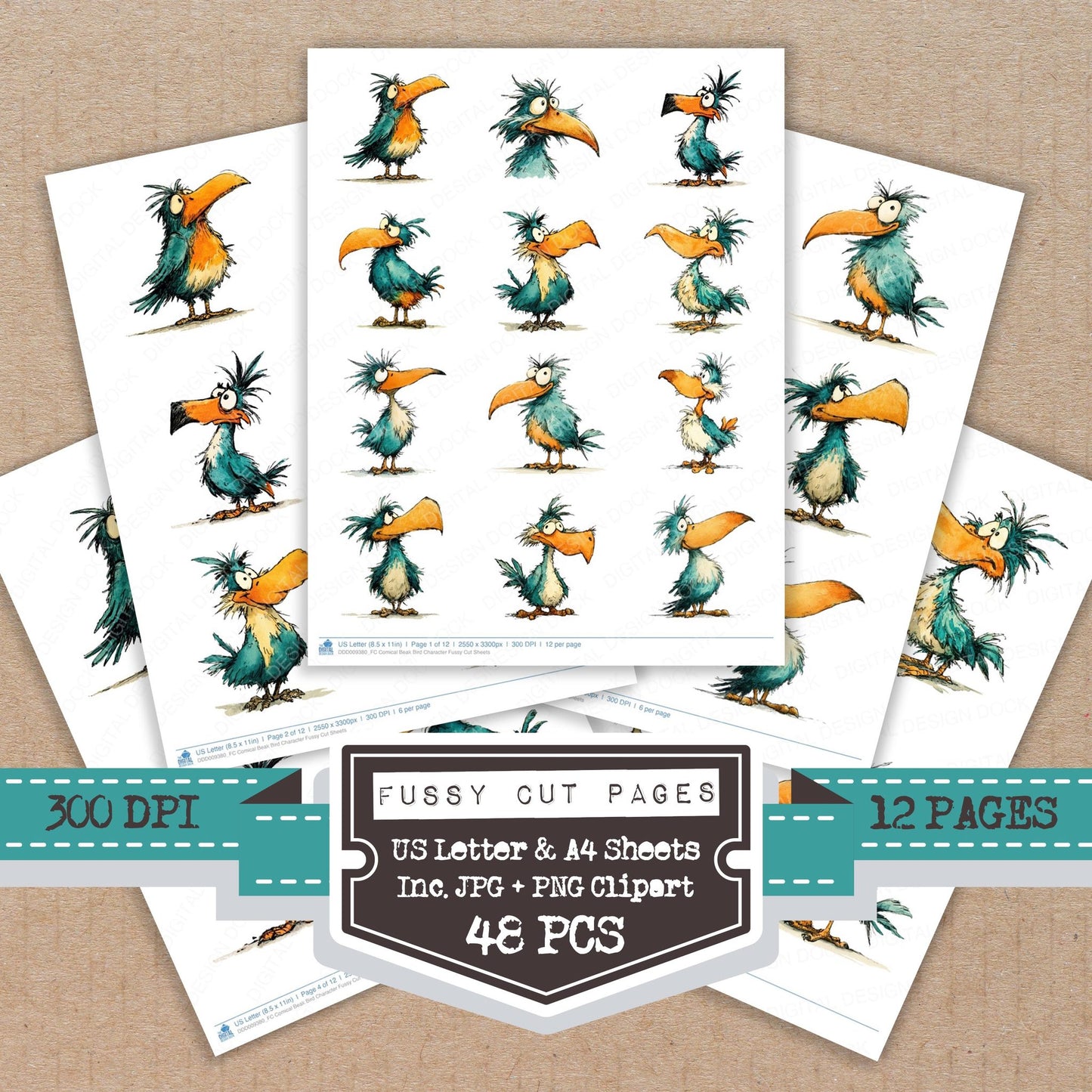 Comical Beak Bird Character fussy cut printable sheets for junk journaling, scrapbooking, and paper craft projects