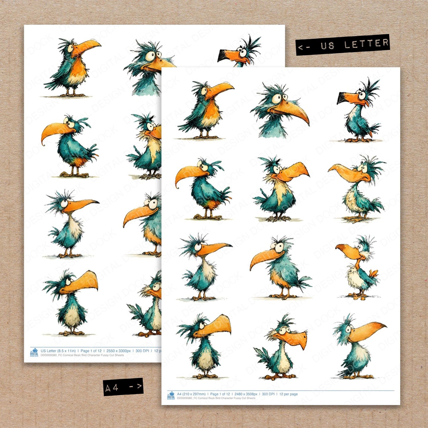A4 and US Letter format comparison showing Comical Beak Bird Character fussy cut pages for print and cut crafting