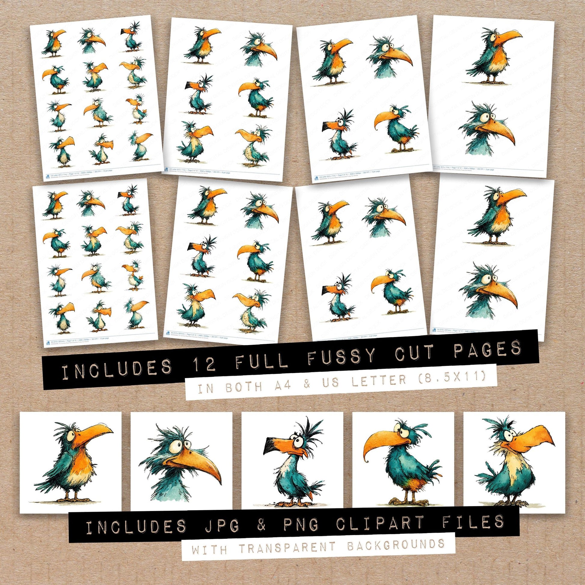 Full collection view of Comical Beak Bird Character fussy cut sheets with bonus clipart JPG and PNG files
