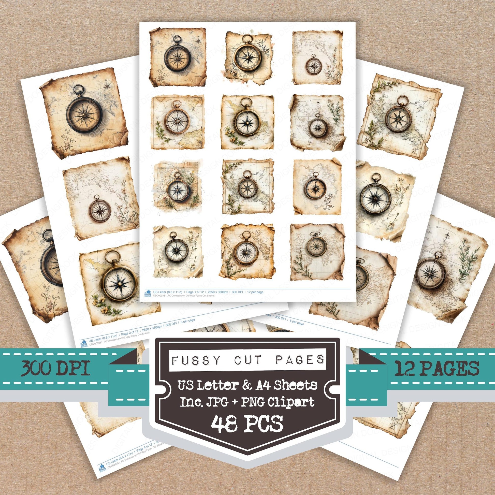 Compass on Old Map fussy cut printable sheets for junk journaling, scrapbooking, and paper craft projects