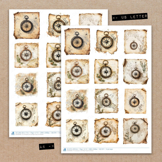 A4 and US Letter format comparison showing Compass on Old Map fussy cut pages for print and cut crafting