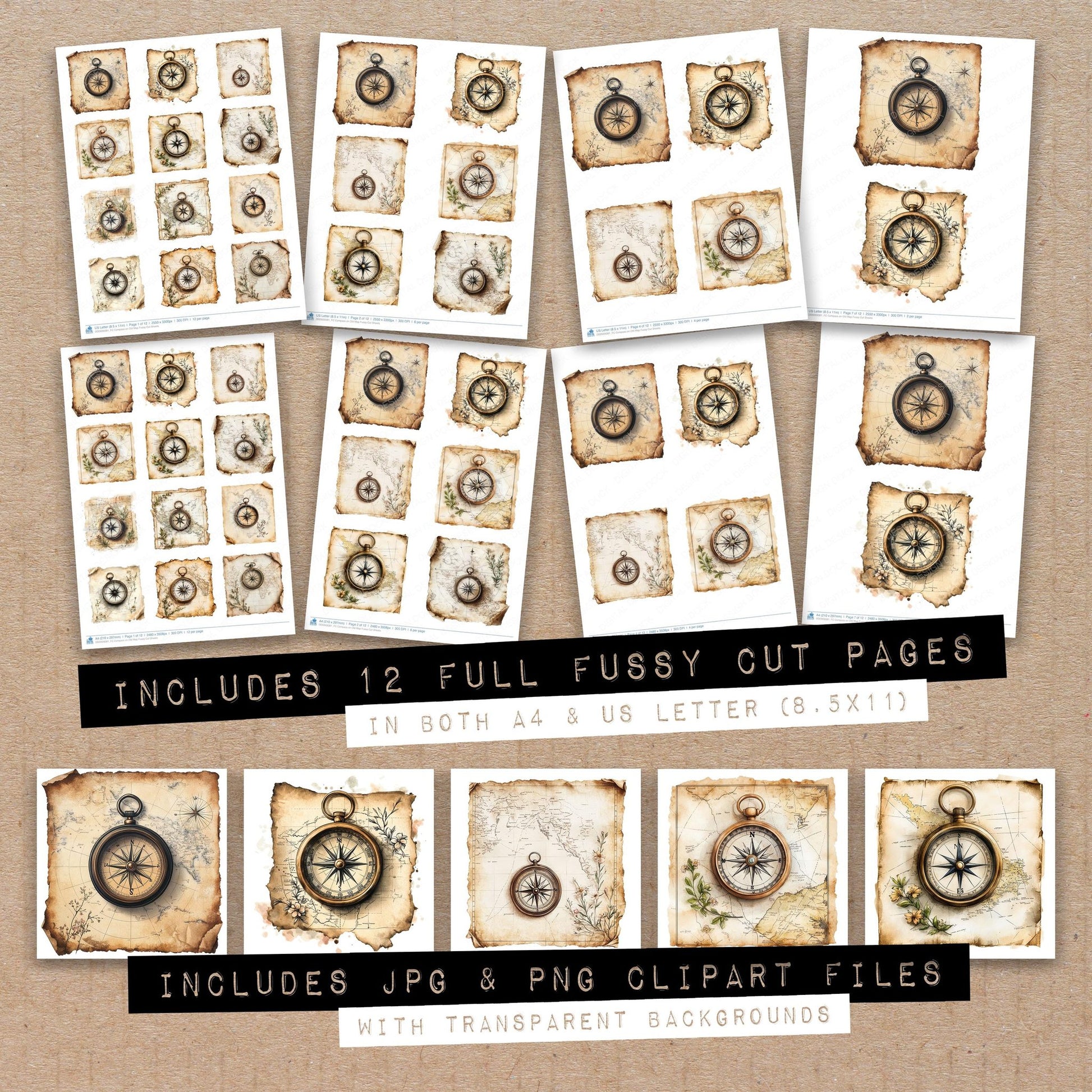 Full collection view of Compass on Old Map fussy cut sheets with bonus clipart JPG and PNG files