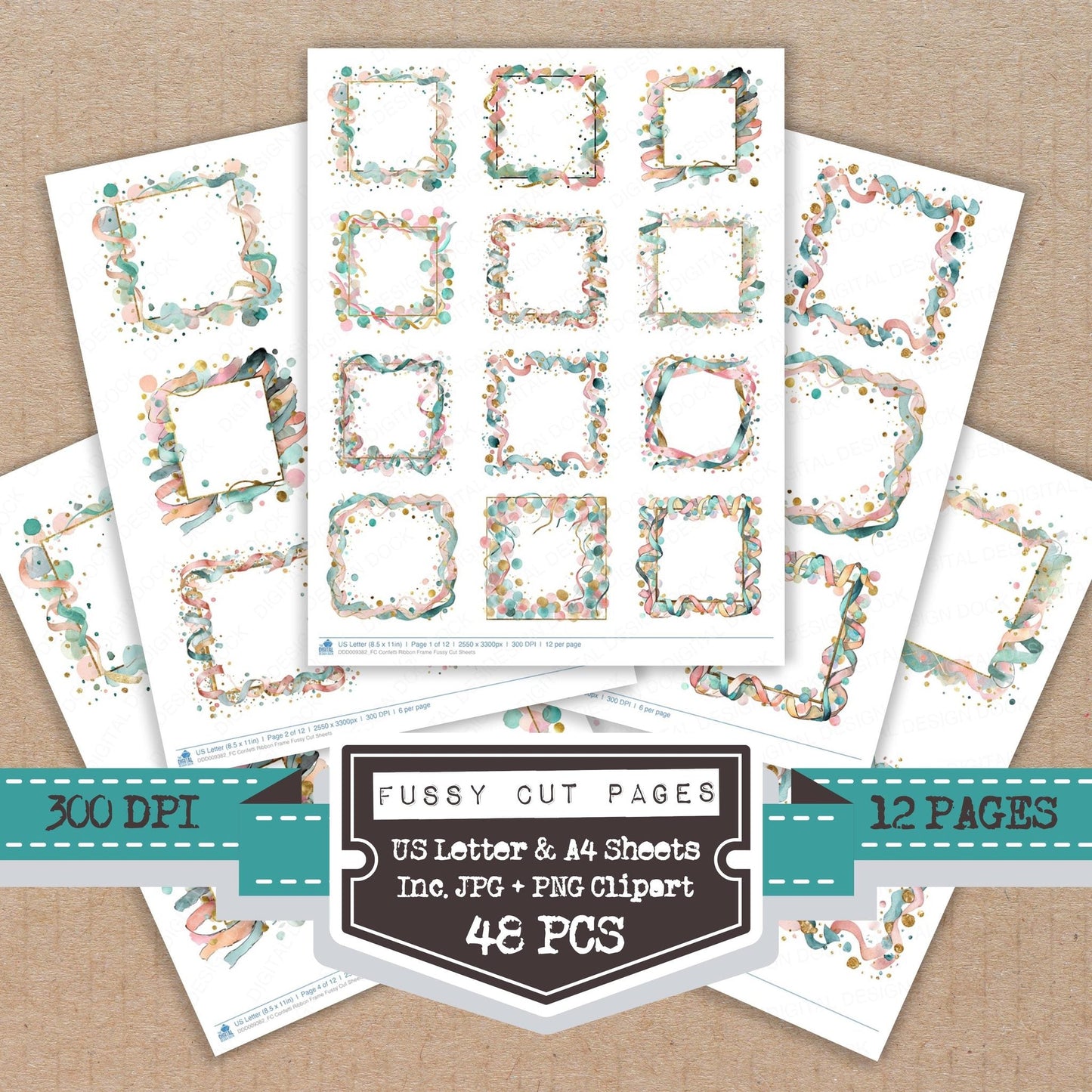 Confetti Ribbon Frame Fussy Cut Sheets (DDD009382)