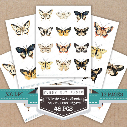 Constellation Winged Moth fussy cut printable sheets for junk journaling, scrapbooking, and paper craft projects