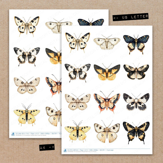 A4 and US Letter format comparison showing Constellation Winged Moth fussy cut pages for print and cut crafting