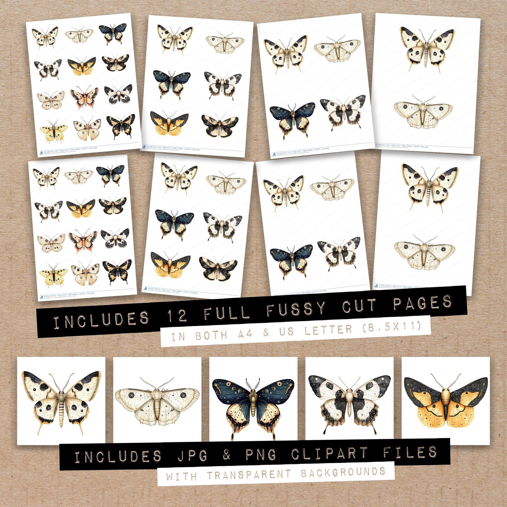 Full collection view of Constellation Winged Moth fussy cut sheets with bonus clipart JPG and PNG files