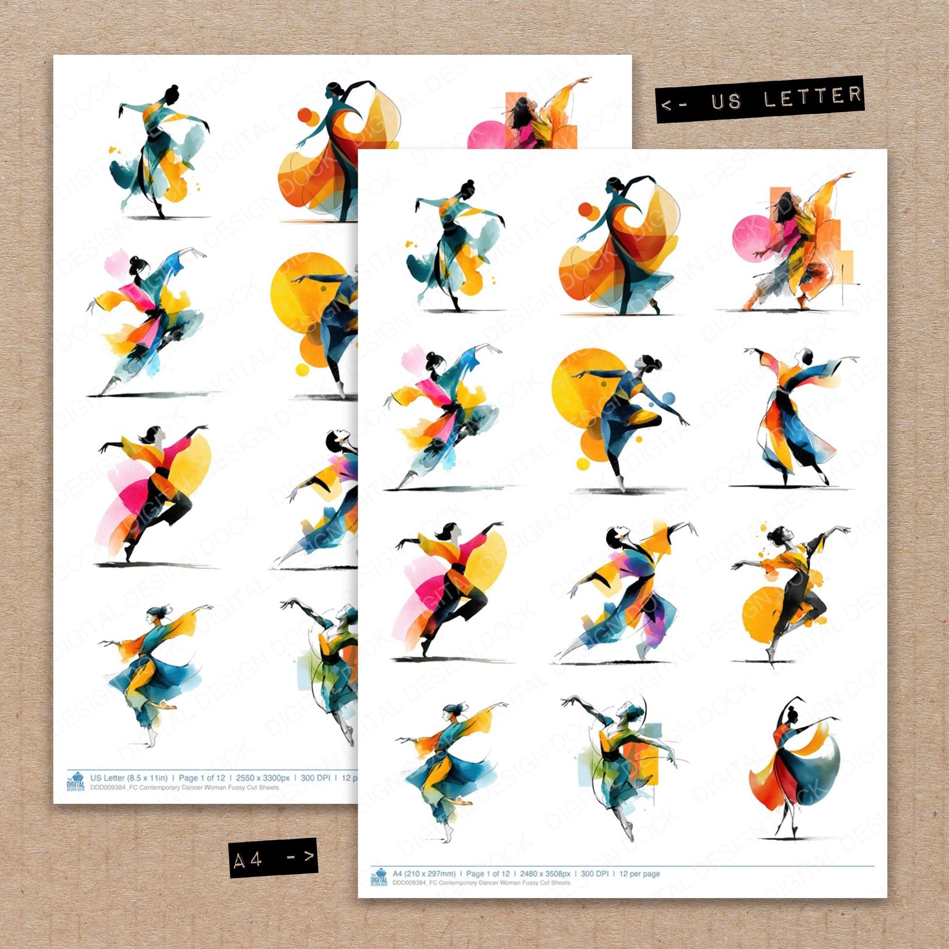 A4 and US Letter format comparison showing Contemporary Dancer Woman fussy cut pages for print and cut crafting
