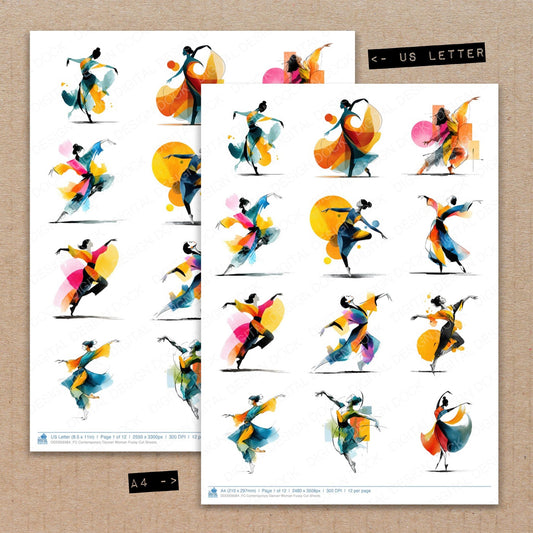 A4 and US Letter format comparison showing Contemporary Dancer Woman fussy cut pages for print and cut crafting