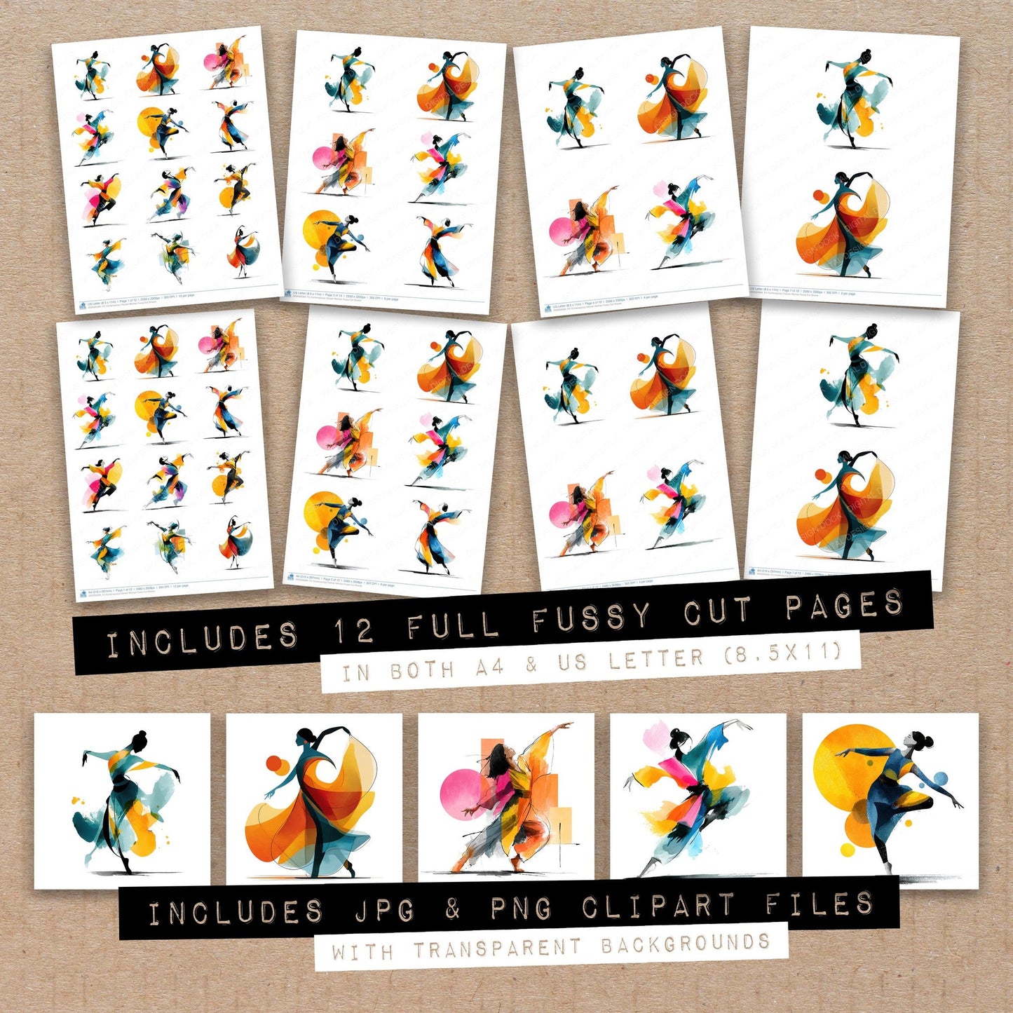 Full collection view of Contemporary Dancer Woman fussy cut sheets with bonus clipart JPG and PNG files