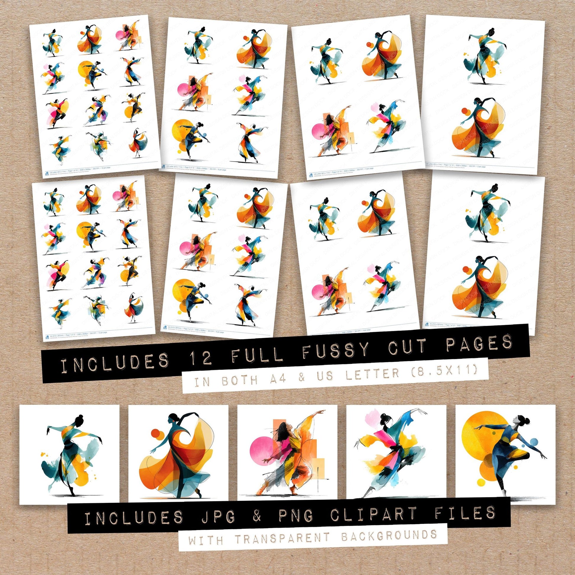 Full collection view of Contemporary Dancer Woman fussy cut sheets with bonus clipart JPG and PNG files