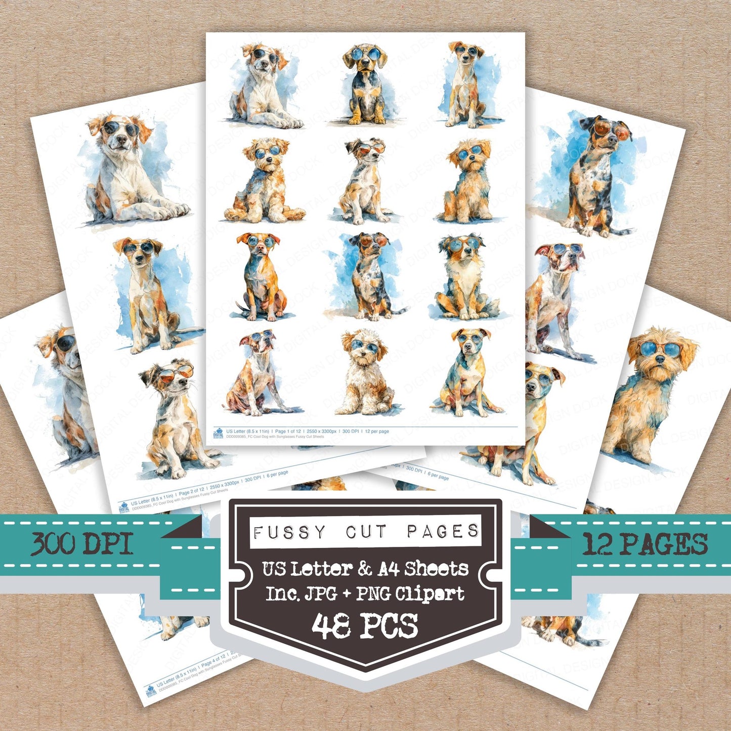Cool Dog with Sunglasses fussy cut printable sheets for junk journaling, scrapbooking, and paper craft projects