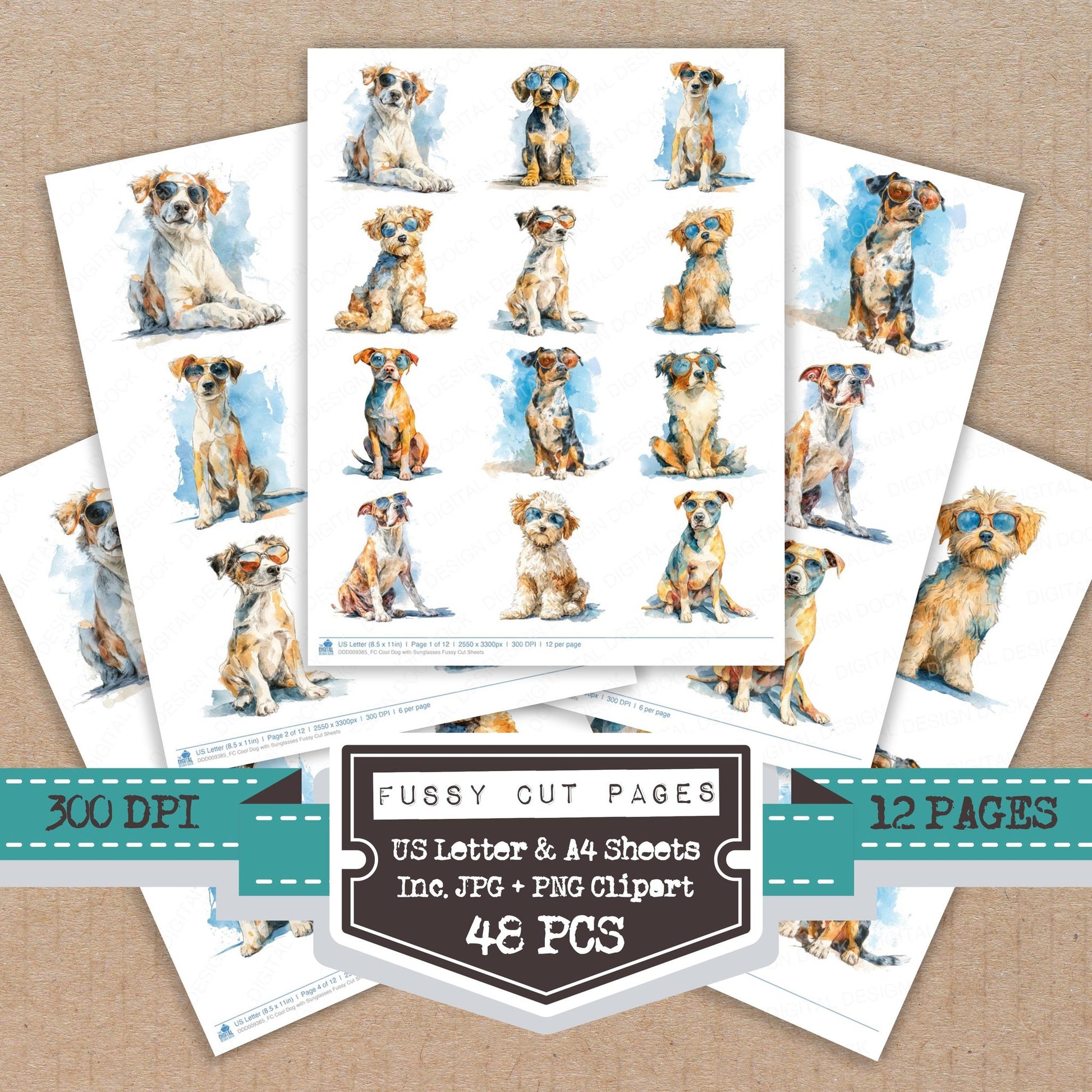 Cool Dog with Sunglasses fussy cut printable sheets for junk journaling, scrapbooking, and paper craft projects