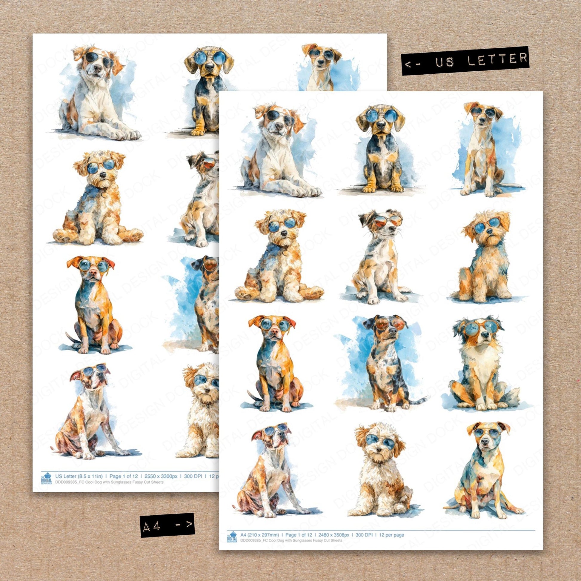 A4 and US Letter format comparison showing Cool Dog with Sunglasses fussy cut pages for print and cut crafting