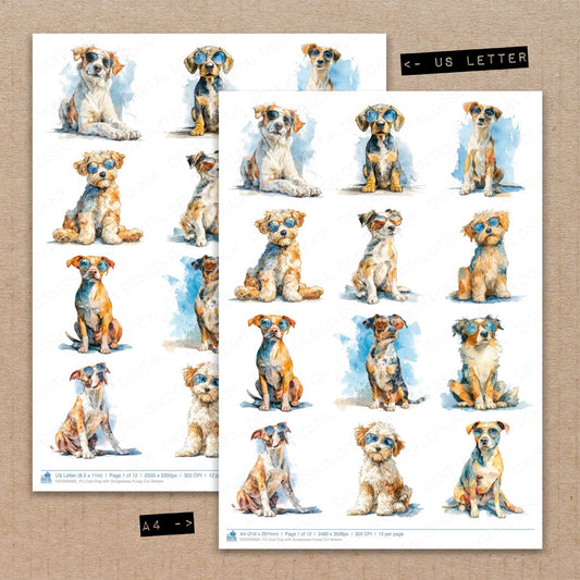 A4 and US Letter format comparison showing Cool Dog with Sunglasses fussy cut pages for print and cut crafting