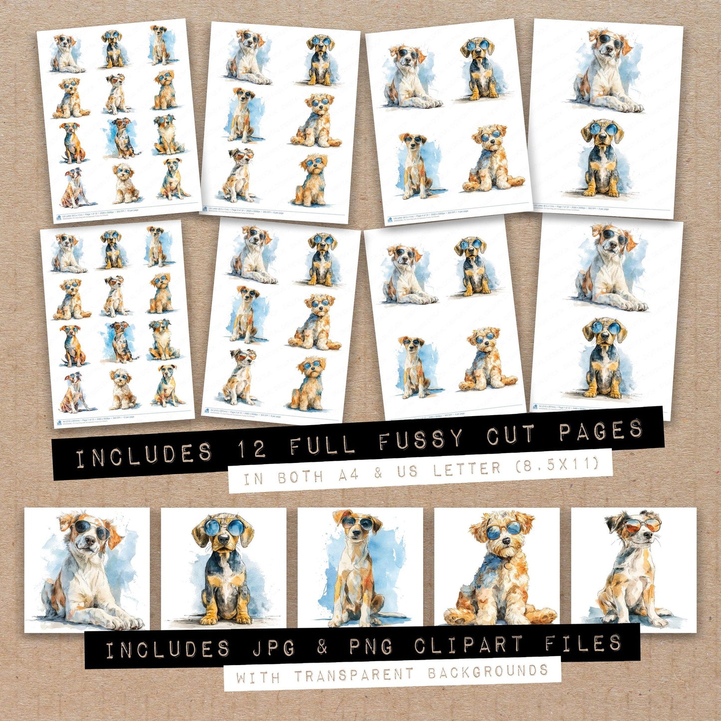Full collection view of Cool Dog with Sunglasses fussy cut sheets with bonus clipart JPG and PNG files