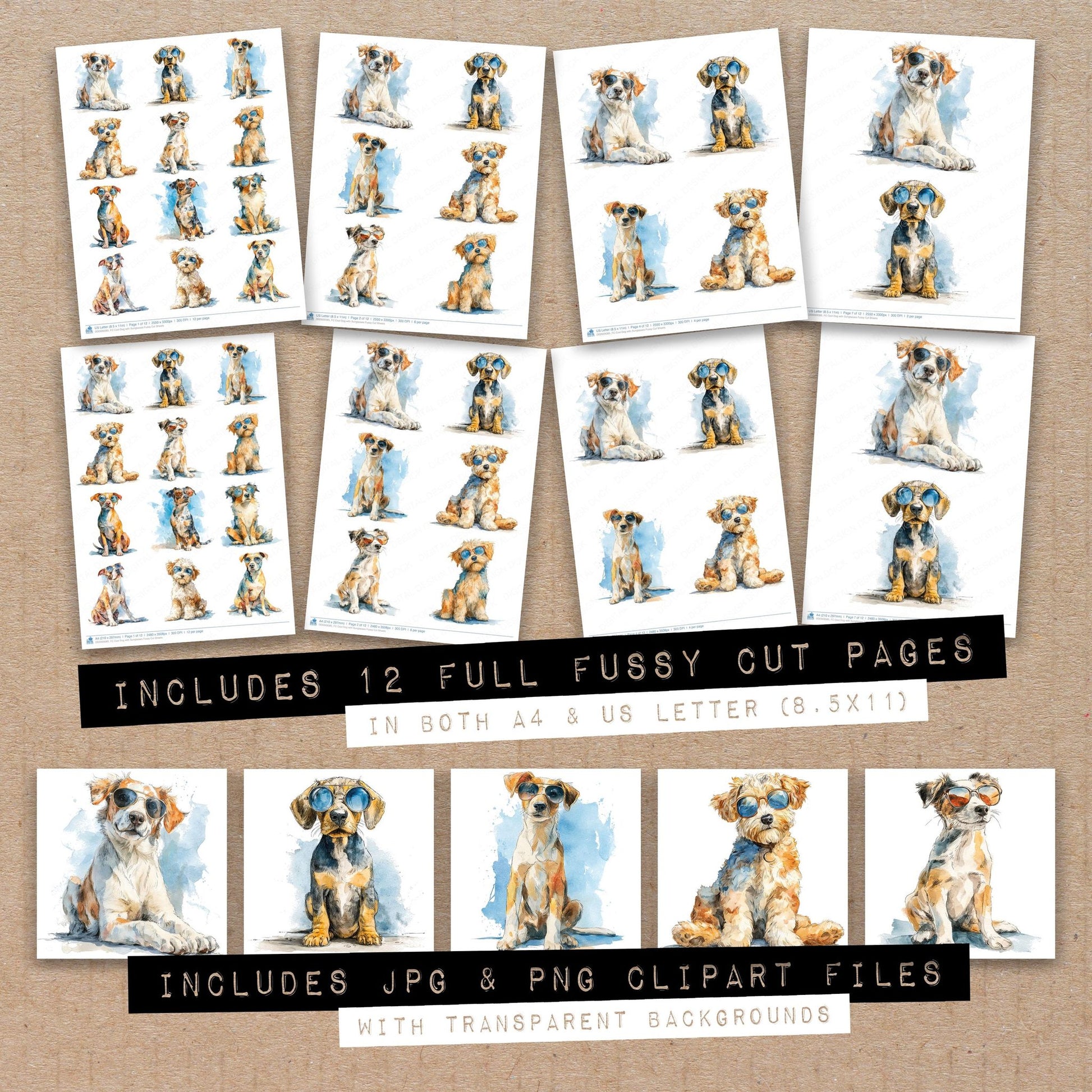 Full collection view of Cool Dog with Sunglasses fussy cut sheets with bonus clipart JPG and PNG files