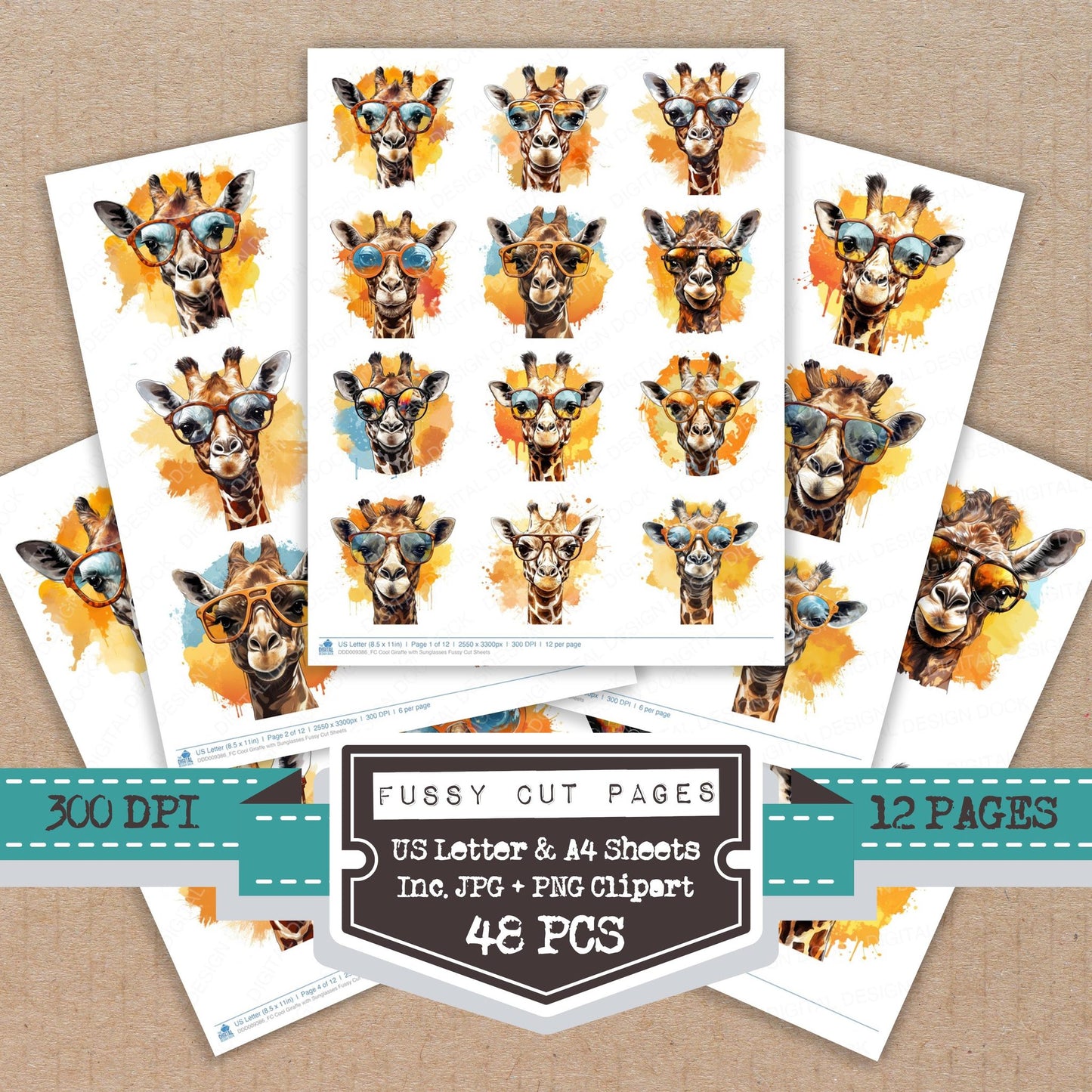 Cool Giraffe with Sunglasses fussy cut printable sheets for junk journaling, scrapbooking, and paper craft projects