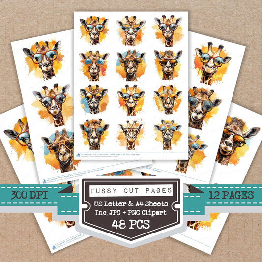 Cool Giraffe with Sunglasses fussy cut printable sheets for junk journaling, scrapbooking, and paper craft projects