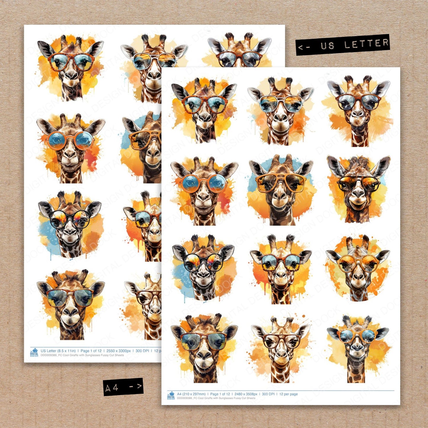 A4 and US Letter format comparison showing Cool Giraffe with Sunglasses fussy cut pages for print and cut crafting