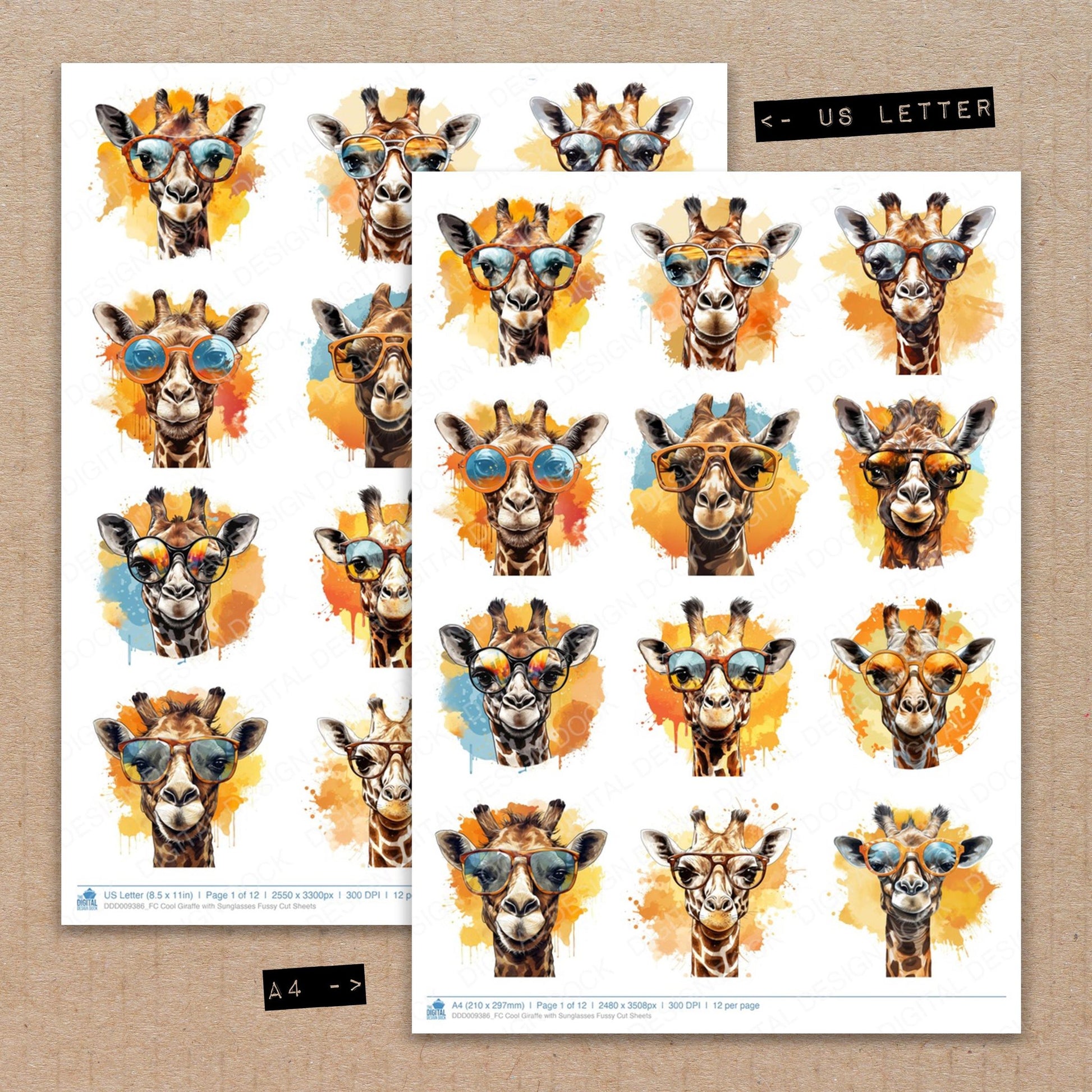 A4 and US Letter format comparison showing Cool Giraffe with Sunglasses fussy cut pages for print and cut crafting