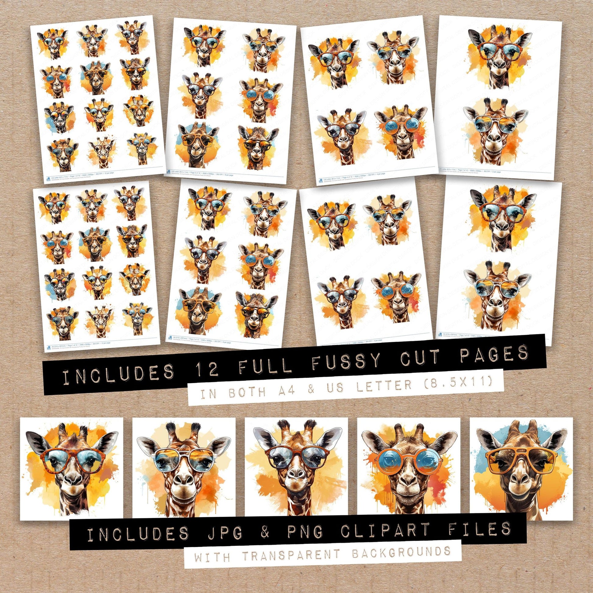 Full collection view of Cool Giraffe with Sunglasses fussy cut sheets with bonus clipart JPG and PNG files