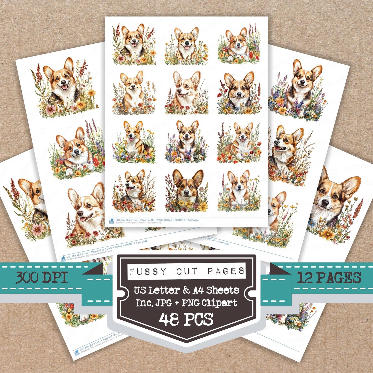 Corgi Dog Wildflower fussy cut printable sheets for junk journaling, scrapbooking, and paper craft projects