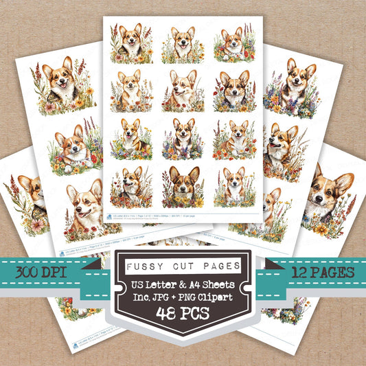 Corgi Dog Wildflower fussy cut printable sheets for junk journaling, scrapbooking, and paper craft projects