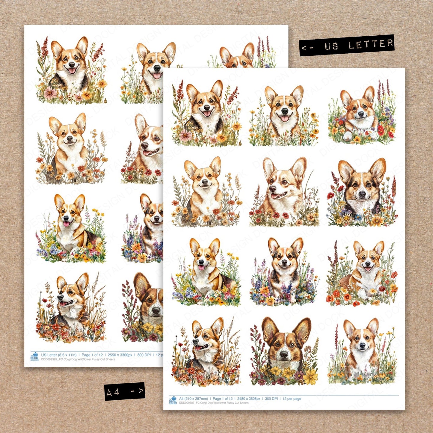 A4 and US Letter format comparison showing Corgi Dog Wildflower fussy cut pages for print and cut crafting