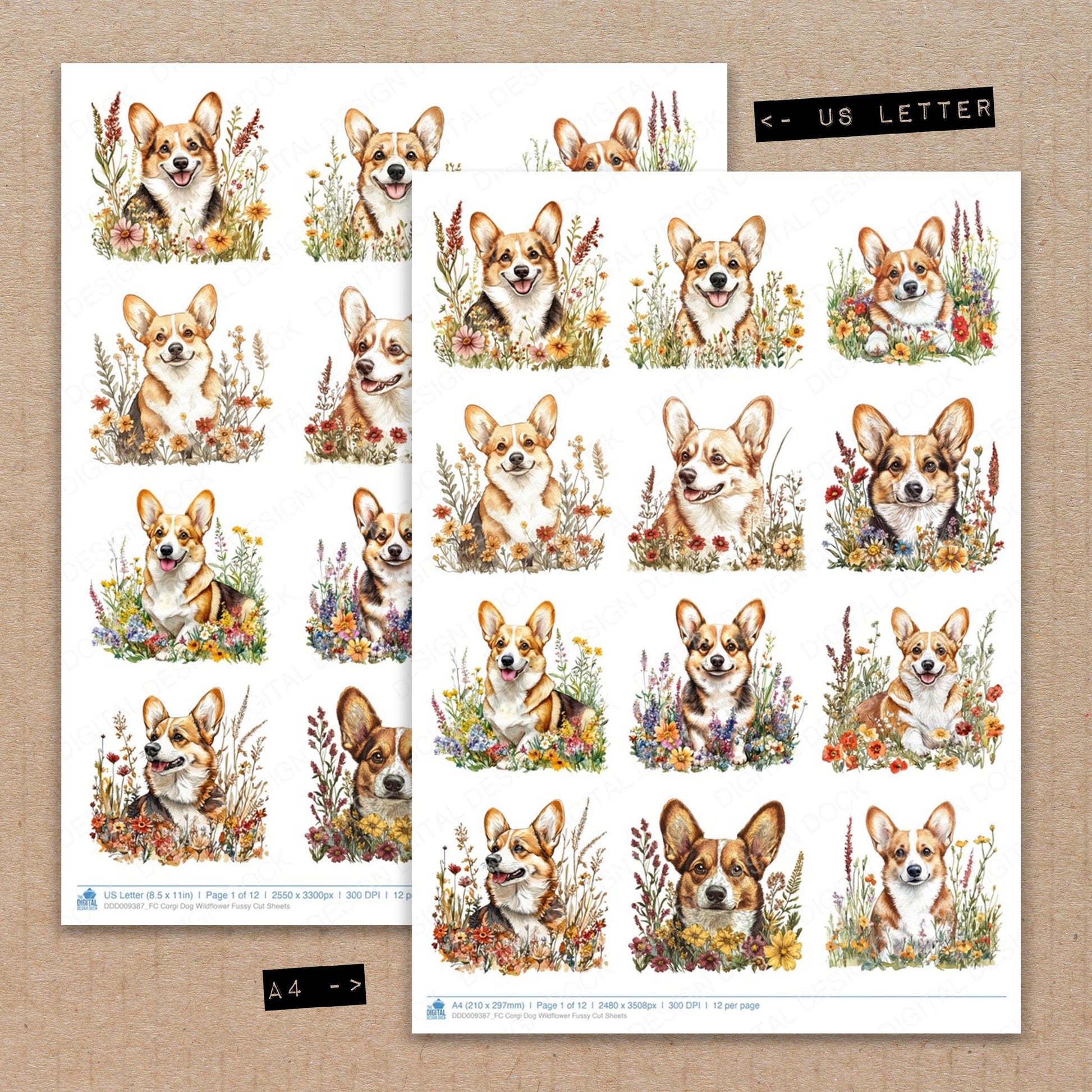 A4 and US Letter format comparison showing Corgi Dog Wildflower fussy cut pages for print and cut crafting