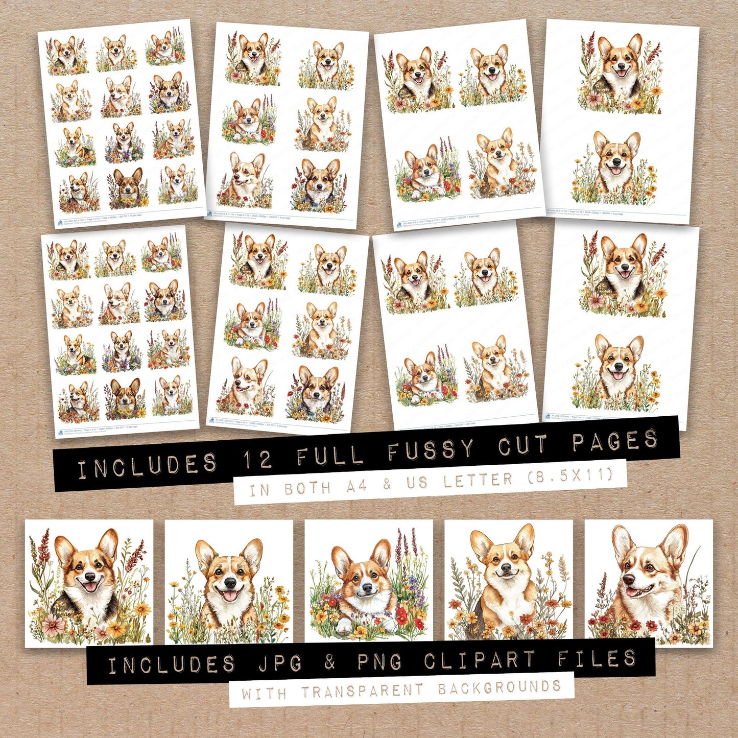 Full collection view of Corgi Dog Wildflower fussy cut sheets with bonus clipart JPG and PNG files