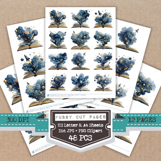 Cosmic Story Open Book fussy cut printable sheets for junk journaling, scrapbooking, and paper craft projects