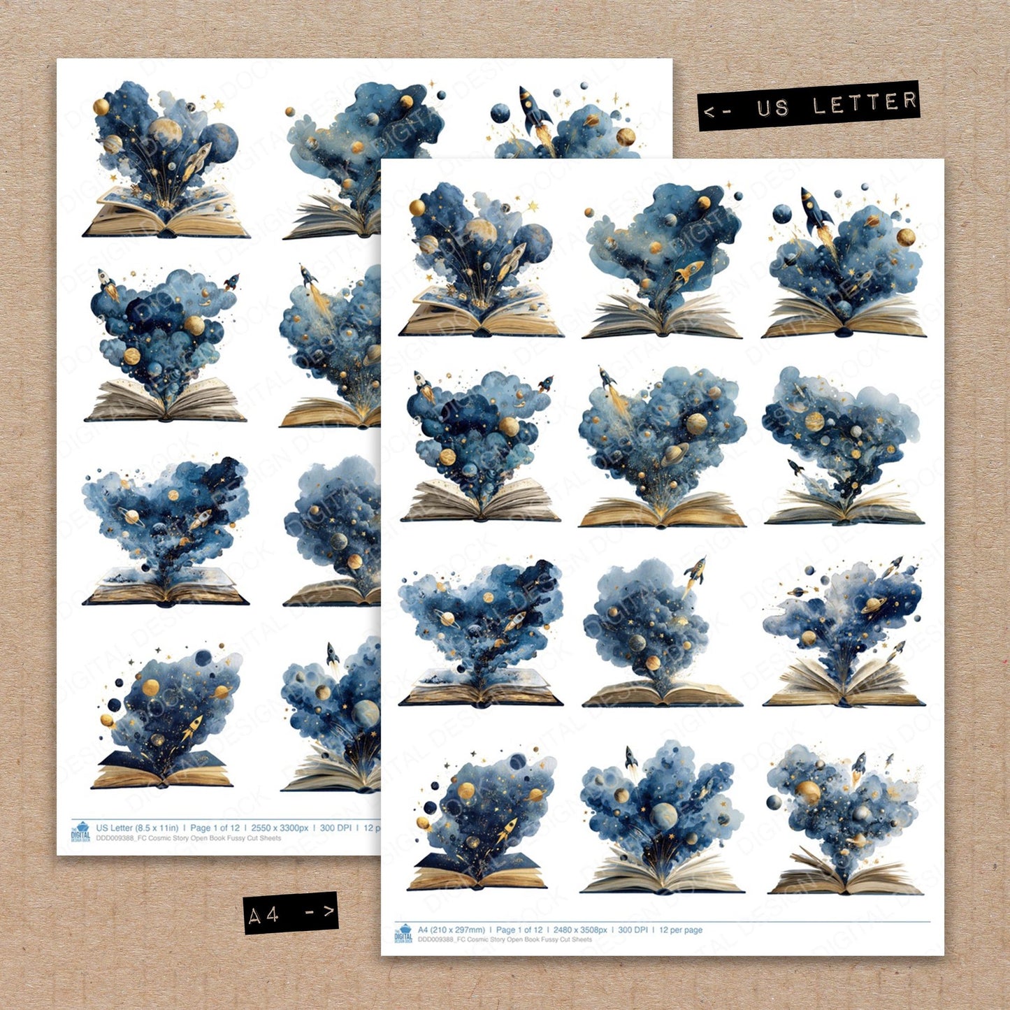 A4 and US Letter format comparison showing Cosmic Story Open Book fussy cut pages for print and cut crafting