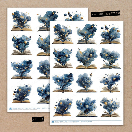A4 and US Letter format comparison showing Cosmic Story Open Book fussy cut pages for print and cut crafting