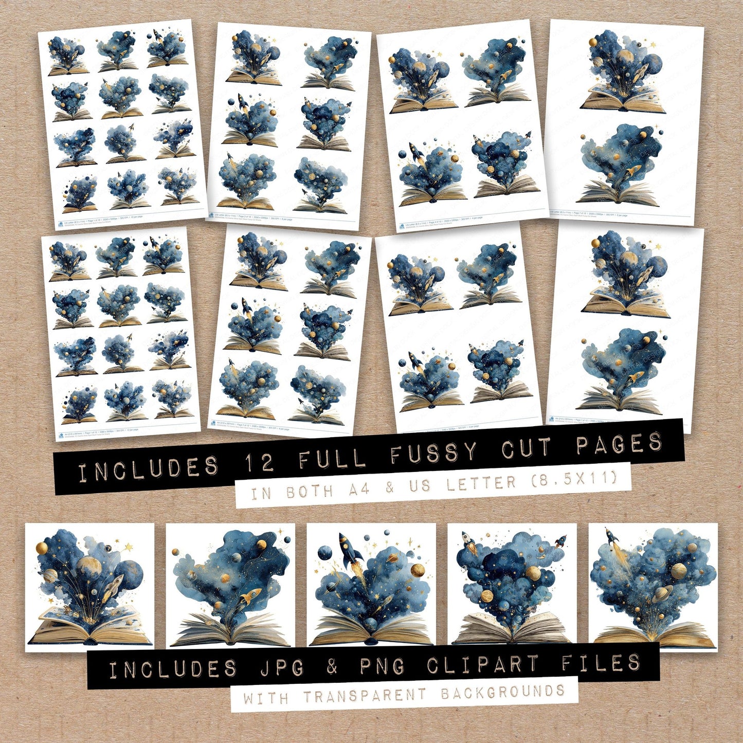 Full collection view of Cosmic Story Open Book fussy cut sheets with bonus clipart JPG and PNG files