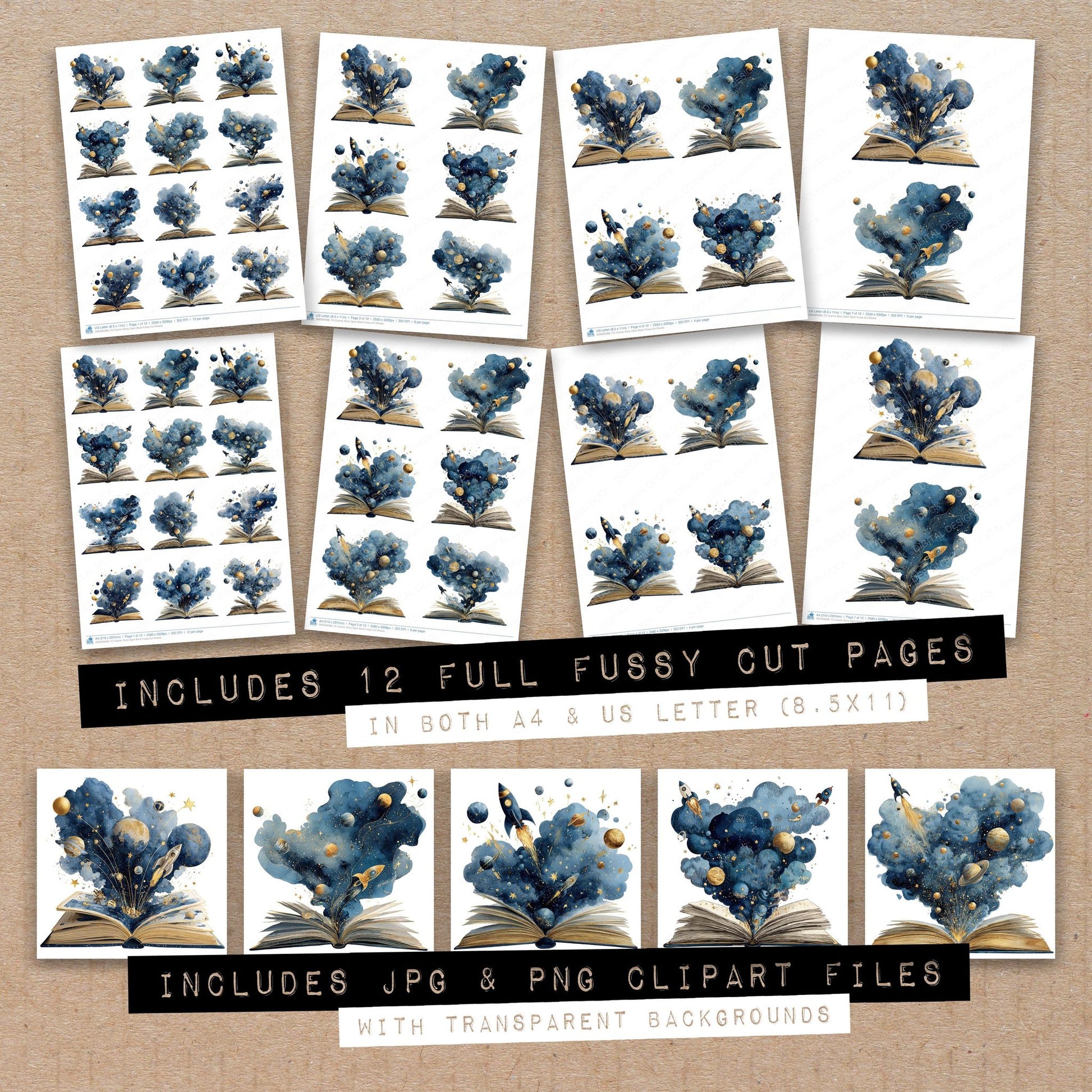 Full collection view of Cosmic Story Open Book fussy cut sheets with bonus clipart JPG and PNG files