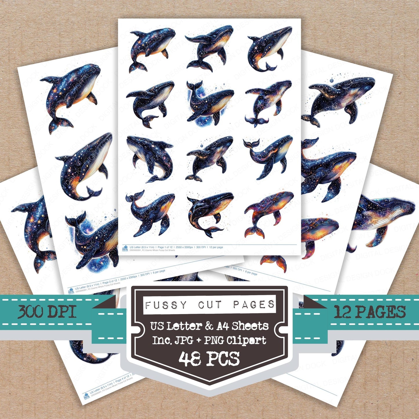 Cosmic Whale fussy cut printable sheets for junk journaling, scrapbooking, and paper craft projects