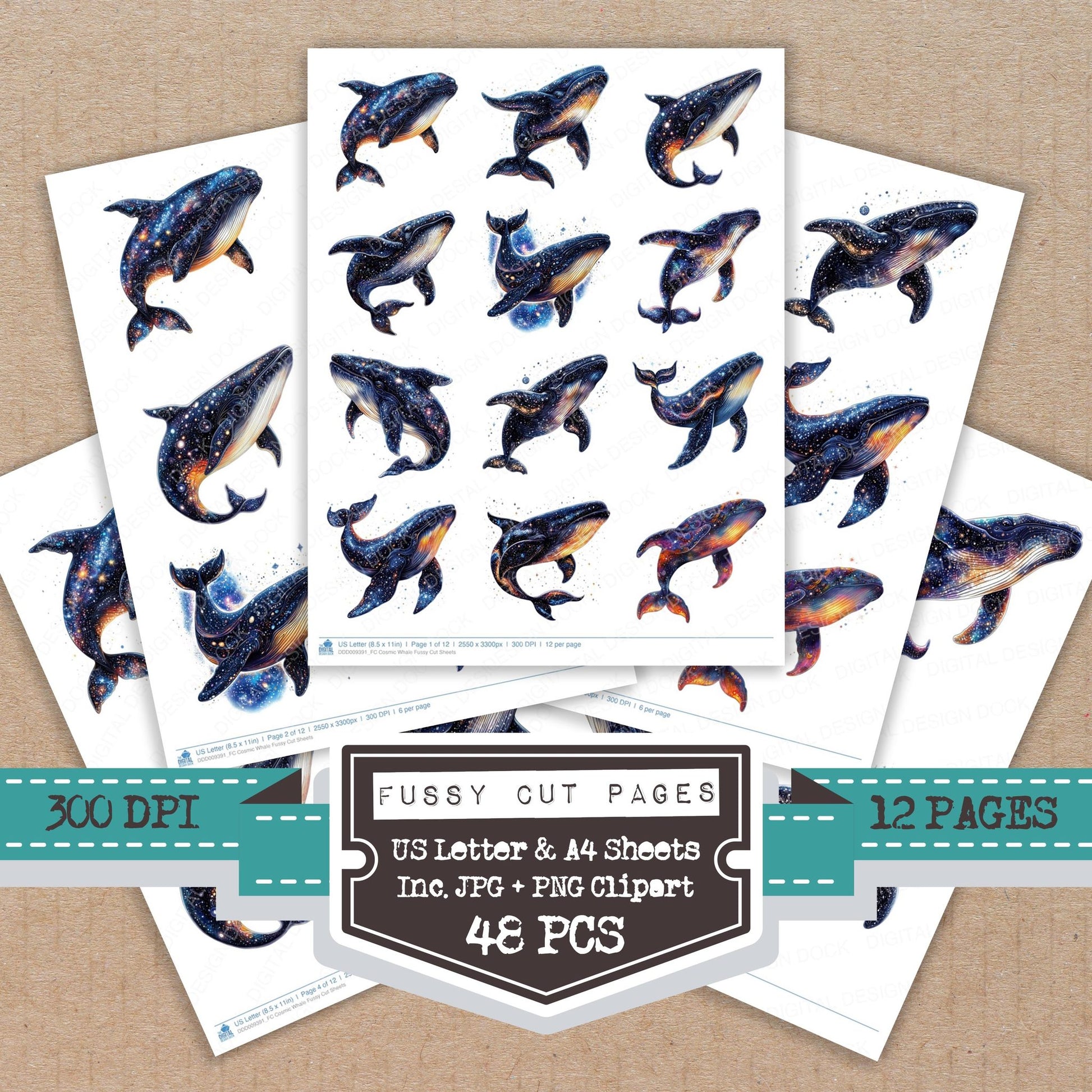 Cosmic Whale fussy cut printable sheets for junk journaling, scrapbooking, and paper craft projects