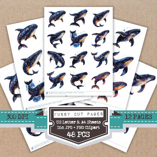Cosmic Whale fussy cut printable sheets for junk journaling, scrapbooking, and paper craft projects