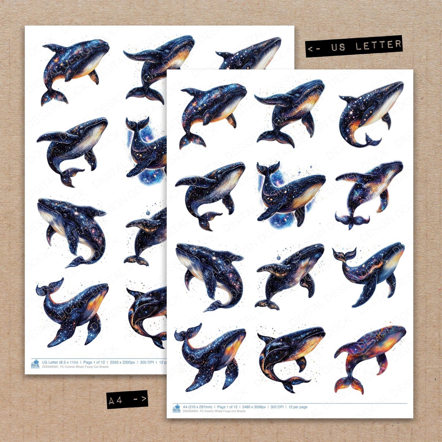 A4 and US Letter format comparison showing Cosmic Whale fussy cut pages for print and cut crafting