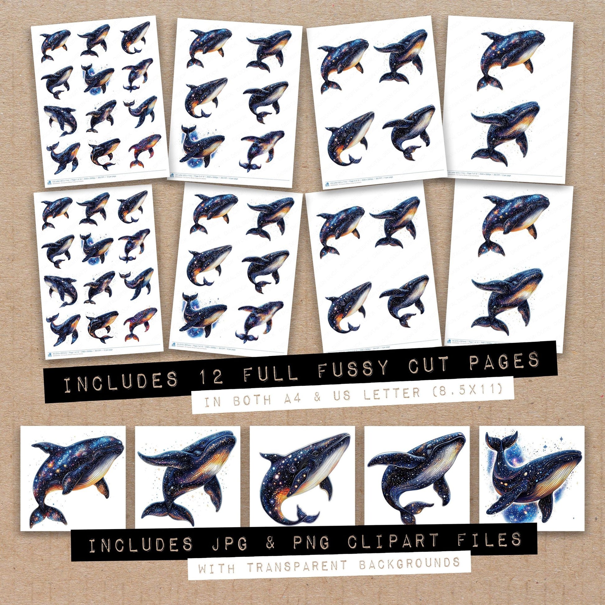 Full collection view of Cosmic Whale fussy cut sheets with bonus clipart JPG and PNG files