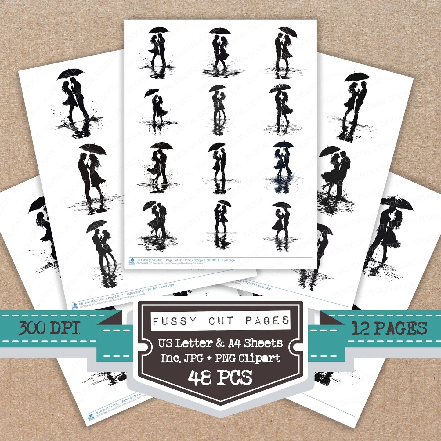 Couple Silhouette Dancing in Rain fussy cut printable sheets for junk journaling, scrapbooking, and paper craft projects