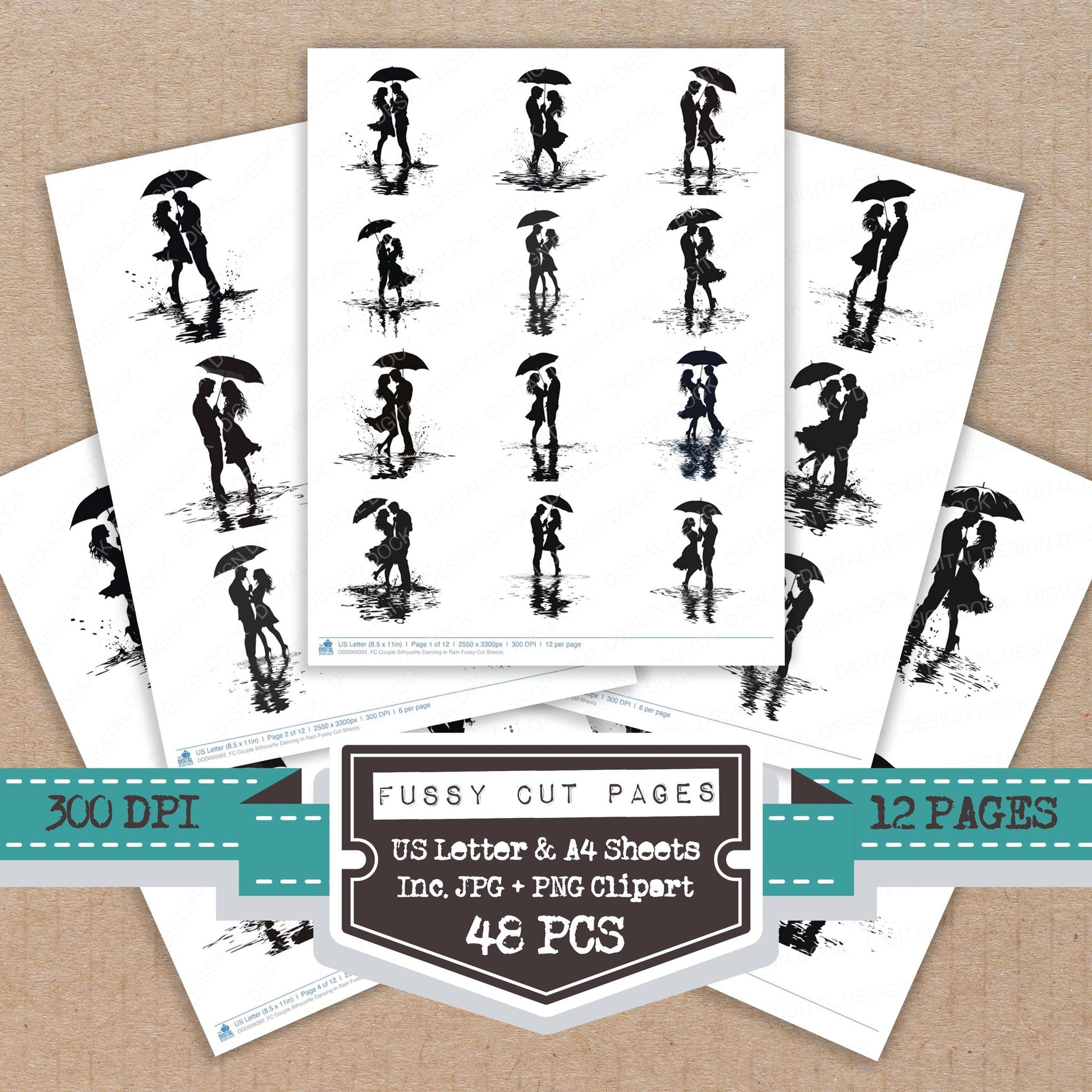 Couple Silhouette Dancing in Rain fussy cut printable sheets for junk journaling, scrapbooking, and paper craft projects